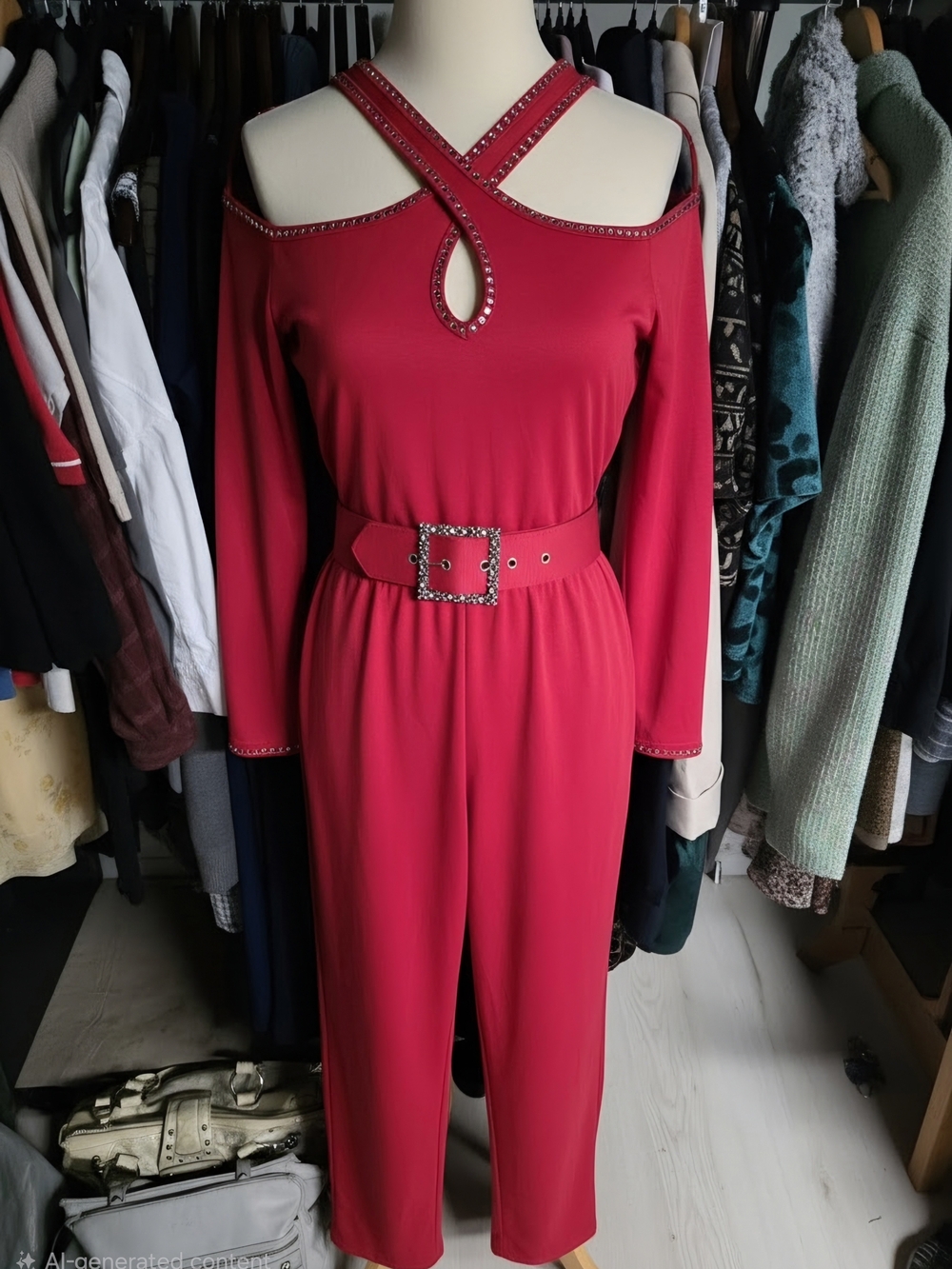 Women’s Cold-Shoulder Jumpsuit with Embellished Belt